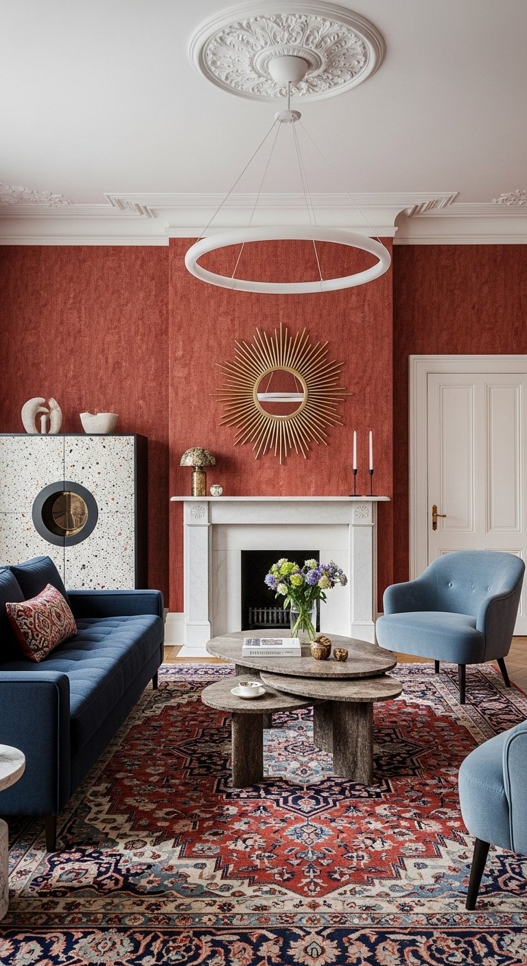 Canape en velours bleu devant un mur terracotta a motifs
