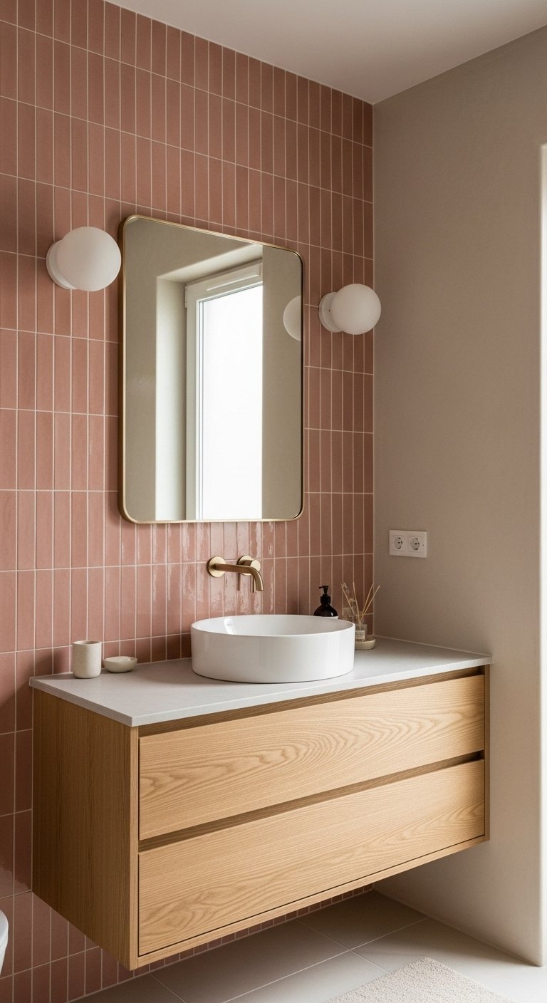 Carrelage vertical terracotta rosé avec meuble en bois et miroir doré