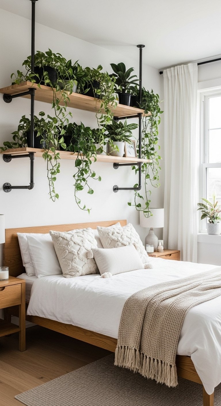 Chambre avec étagères industrielles suspendues pleines de plantes
