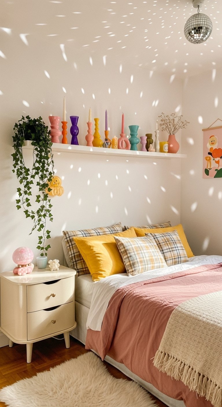 Chambre de style rétro avec boule à facettes et bougeoirs colorés
