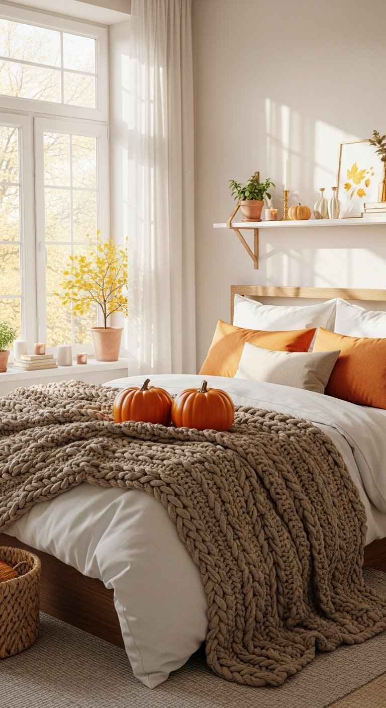 Chambre lumineuse avec un grand plaid en maille marron et deux citrouilles sur le lit