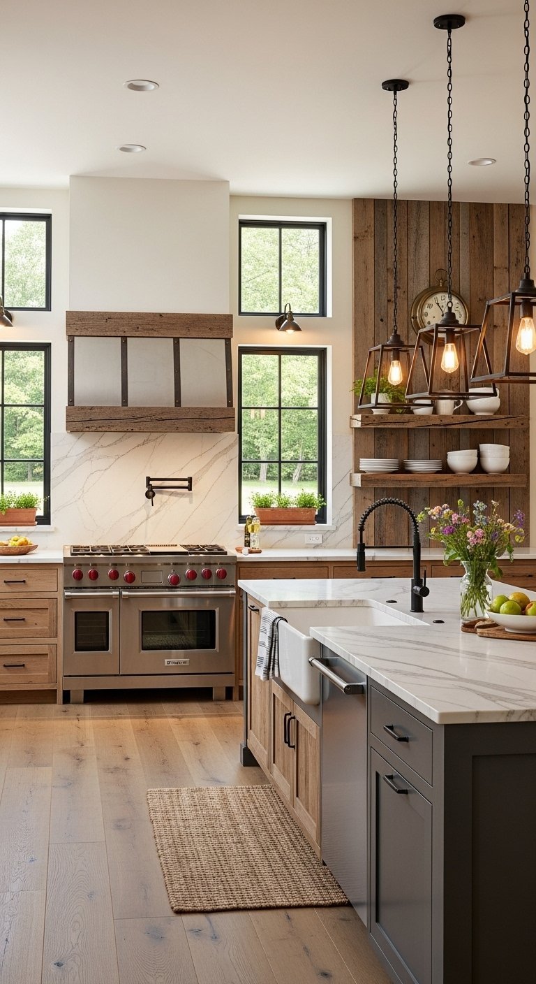 Cuisine moderne rustique avec mur d accent en bois et îlot gris