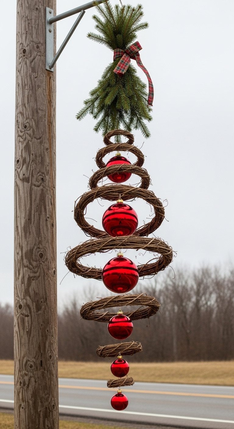 Décoration de Noël verticale suspendue faite de cercles de vigne et de boules rouges