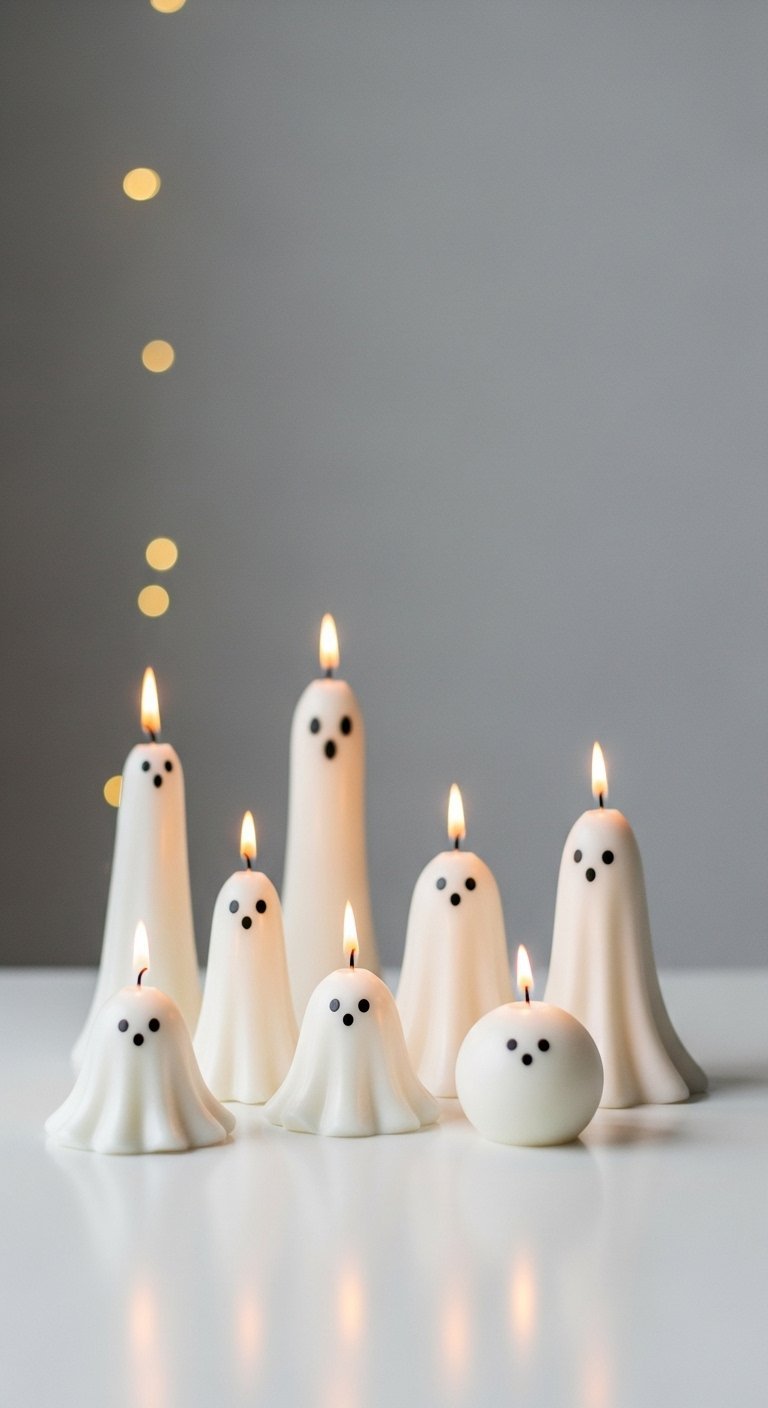 Groupe de bougies blanches allumées en forme de fantômes mignons