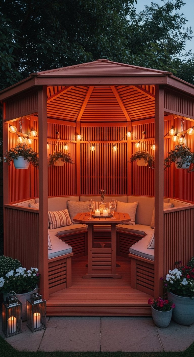 Kiosque de jardin octogonal en bois éclairé pour un dîner intime