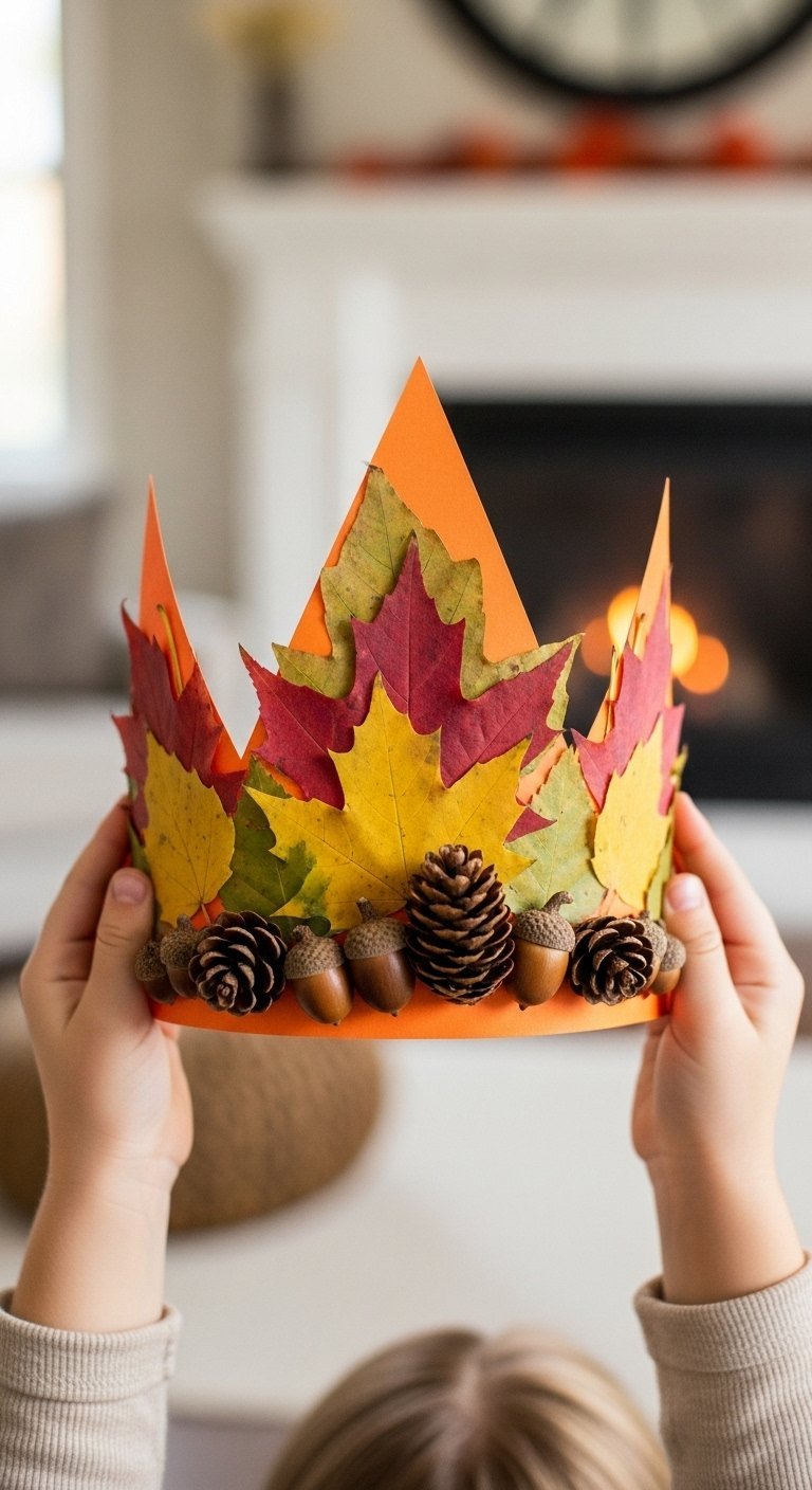 Mains d enfant tenant une couronne d automne faite de papier et d éléments naturels