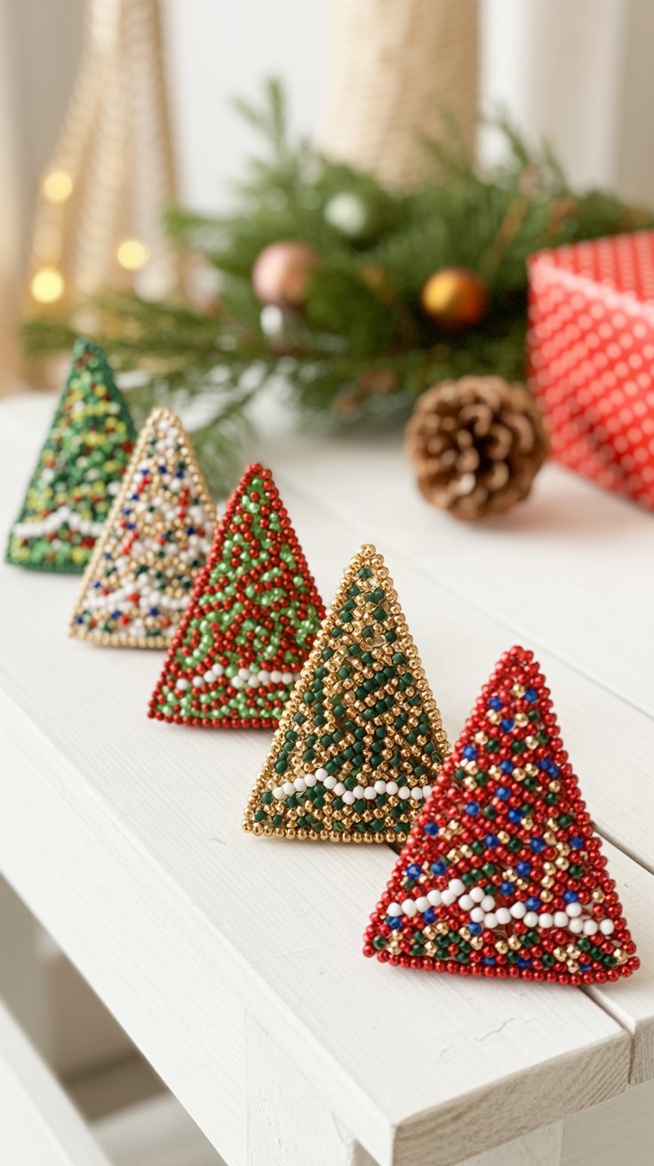 Miniatures de sapins de noel faites avec des perles colorées