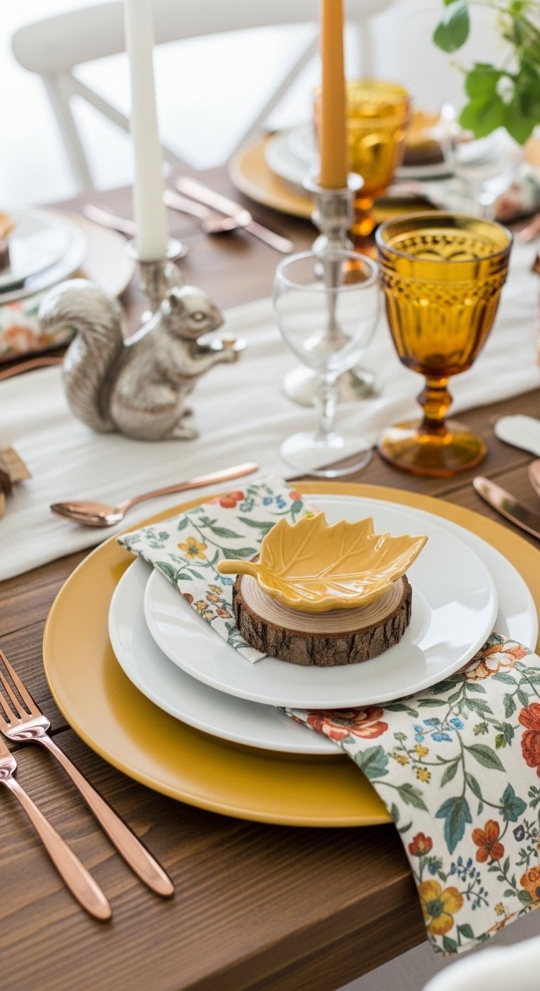 Mise en place détaillée avec assiette jaune plat en forme de feuille et figurine d écureuil