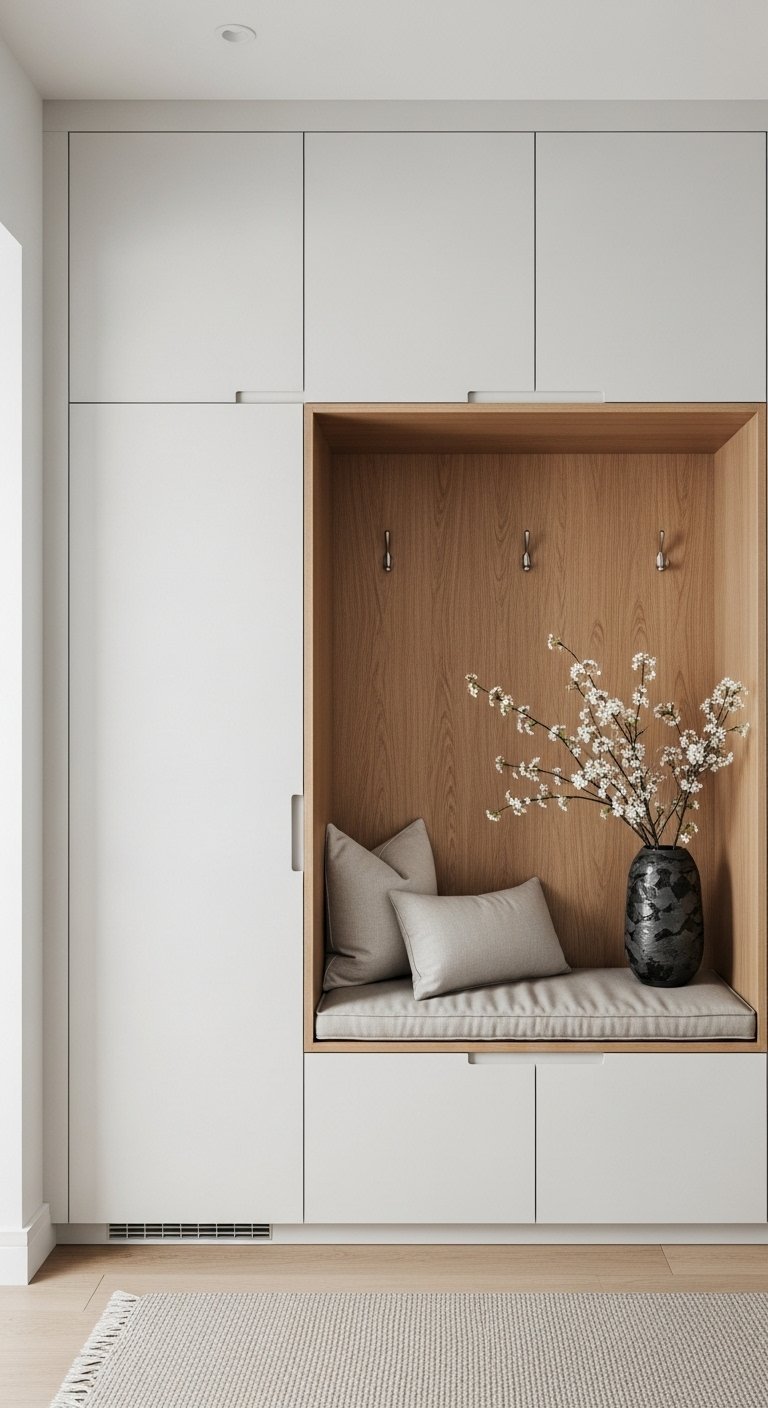 Placards blancs minimalistes avec niche en bois de style Japandi