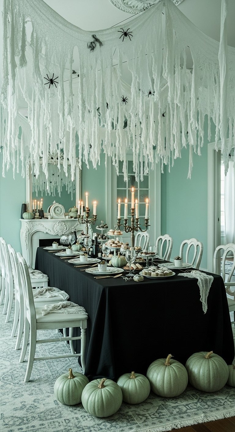 Salle a manger avec plafond decore de tissu blanc dechire