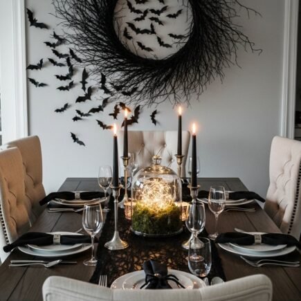 Salle a manger avec une grande couronne de branches noires et des chauves souris