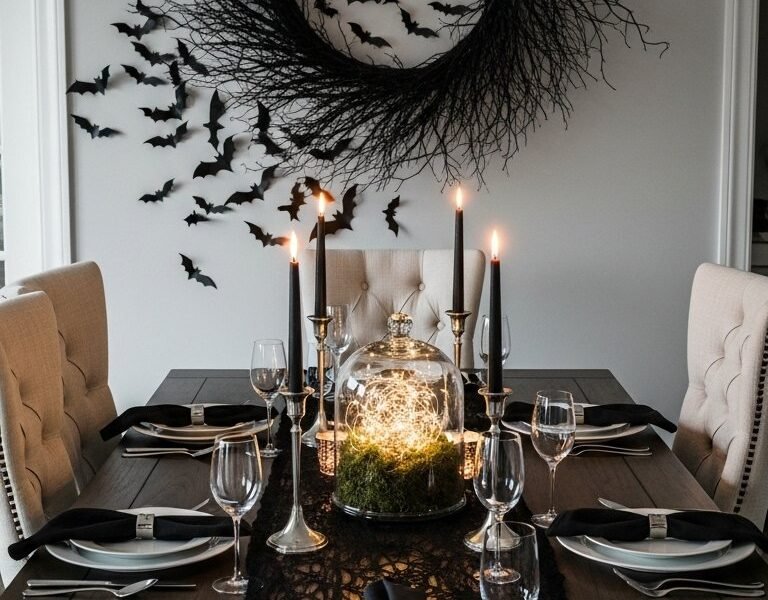 Salle a manger avec une grande couronne de branches noires et des chauves souris