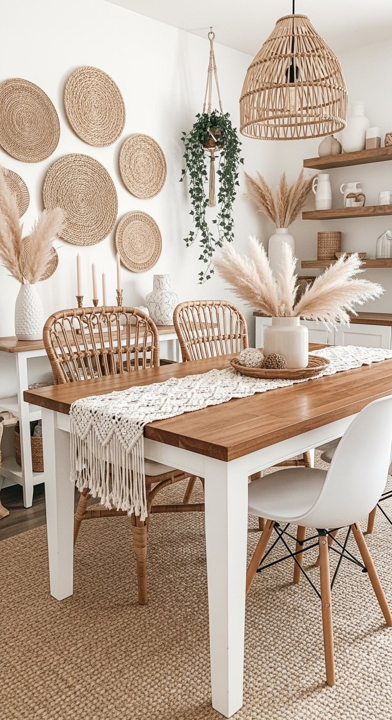 Salle a manger de style boheme avec des herbes de la pampa et des chaises en rotin