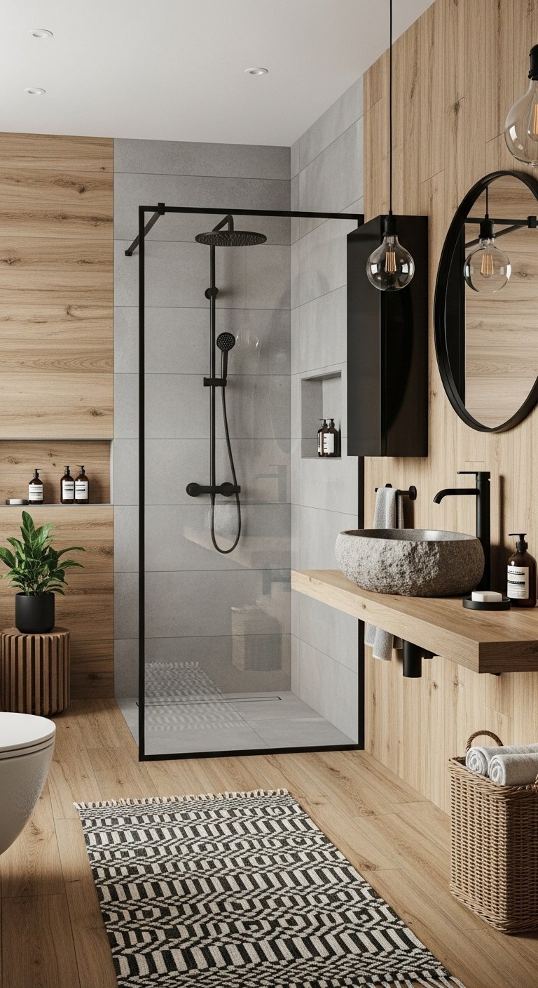 Salle de bain style industriel avec vasque en pierre et mur en bois