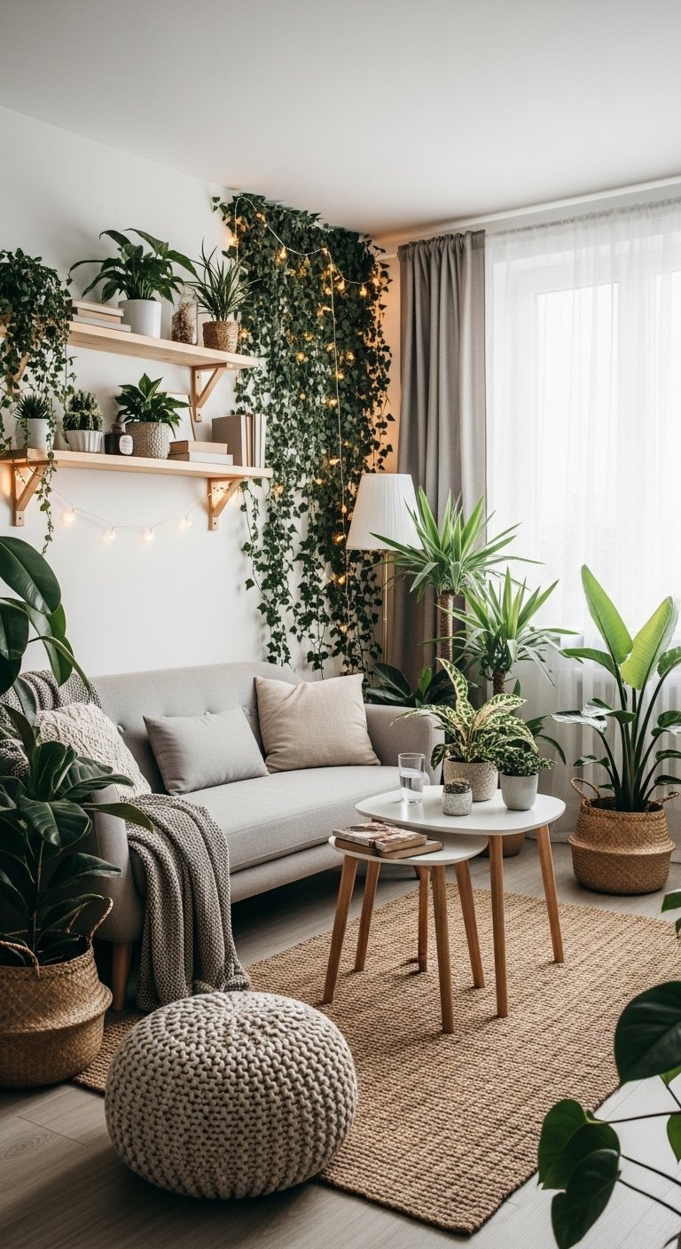 Salon de style jungle urbaine avec plantes suspendues et guirlandes lumineuses