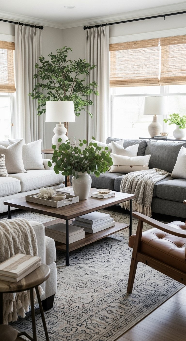 Salon élégant avec grand canapé sectionnel gris et plantes vertes