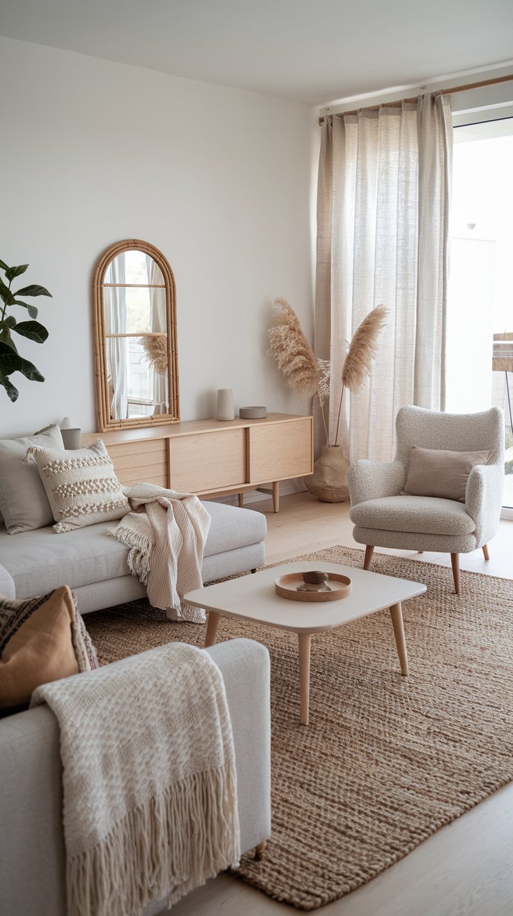 Salon scandi bohème avec canapé clair et fauteuil en tissu bouclé