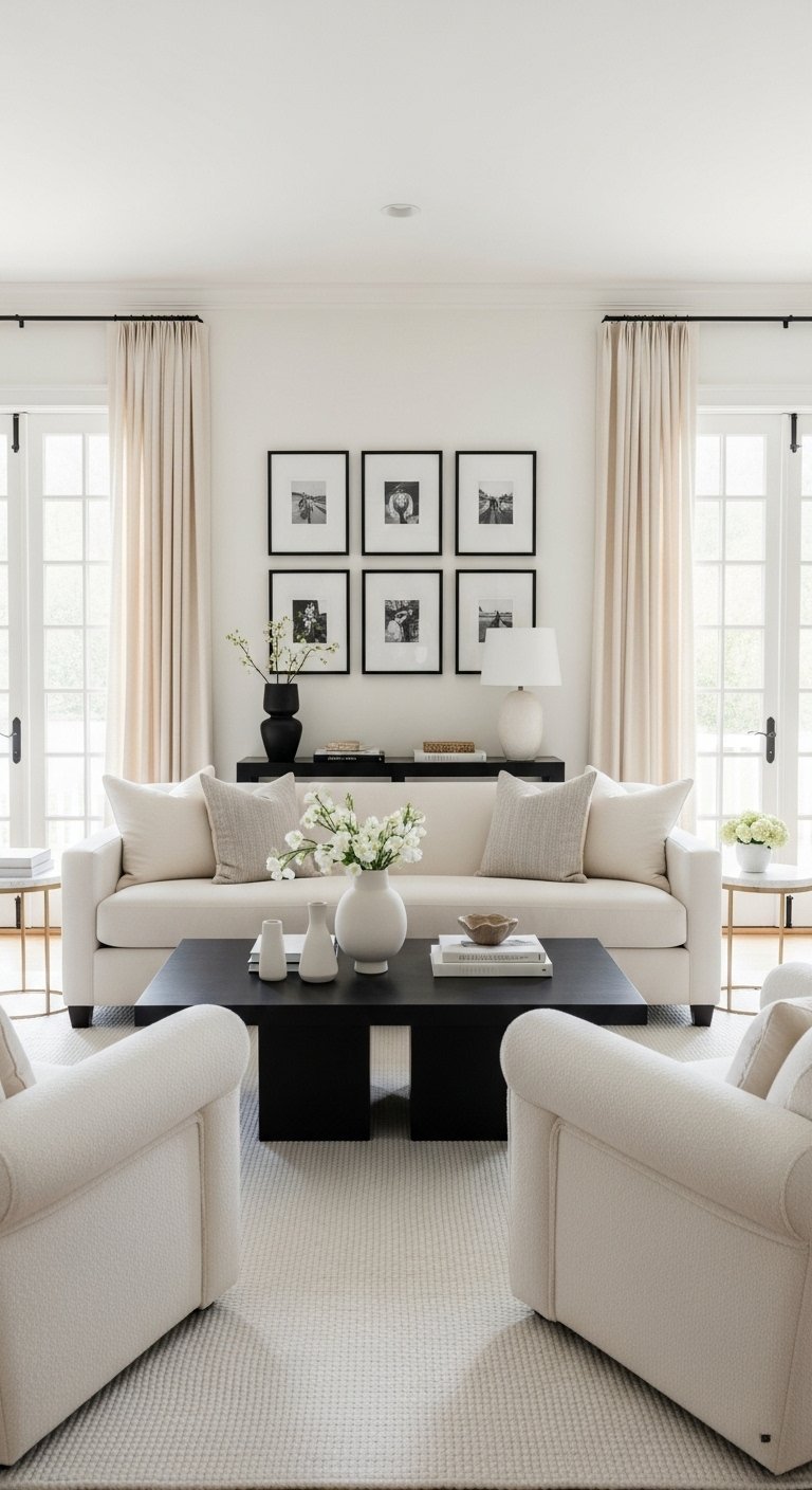 Salon symétrique noir et blanc avec grille de cadres au mur