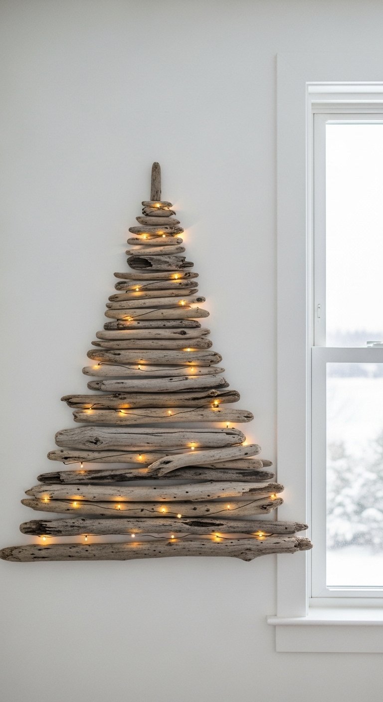 Sapin de noel mural realise avec des branches de bois flotte et des lumieres