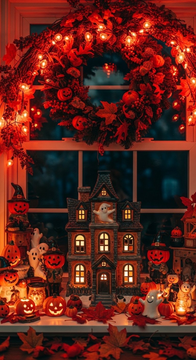 Scène d Halloween sur un rebord de fenêtre avec une maison hantée illuminée