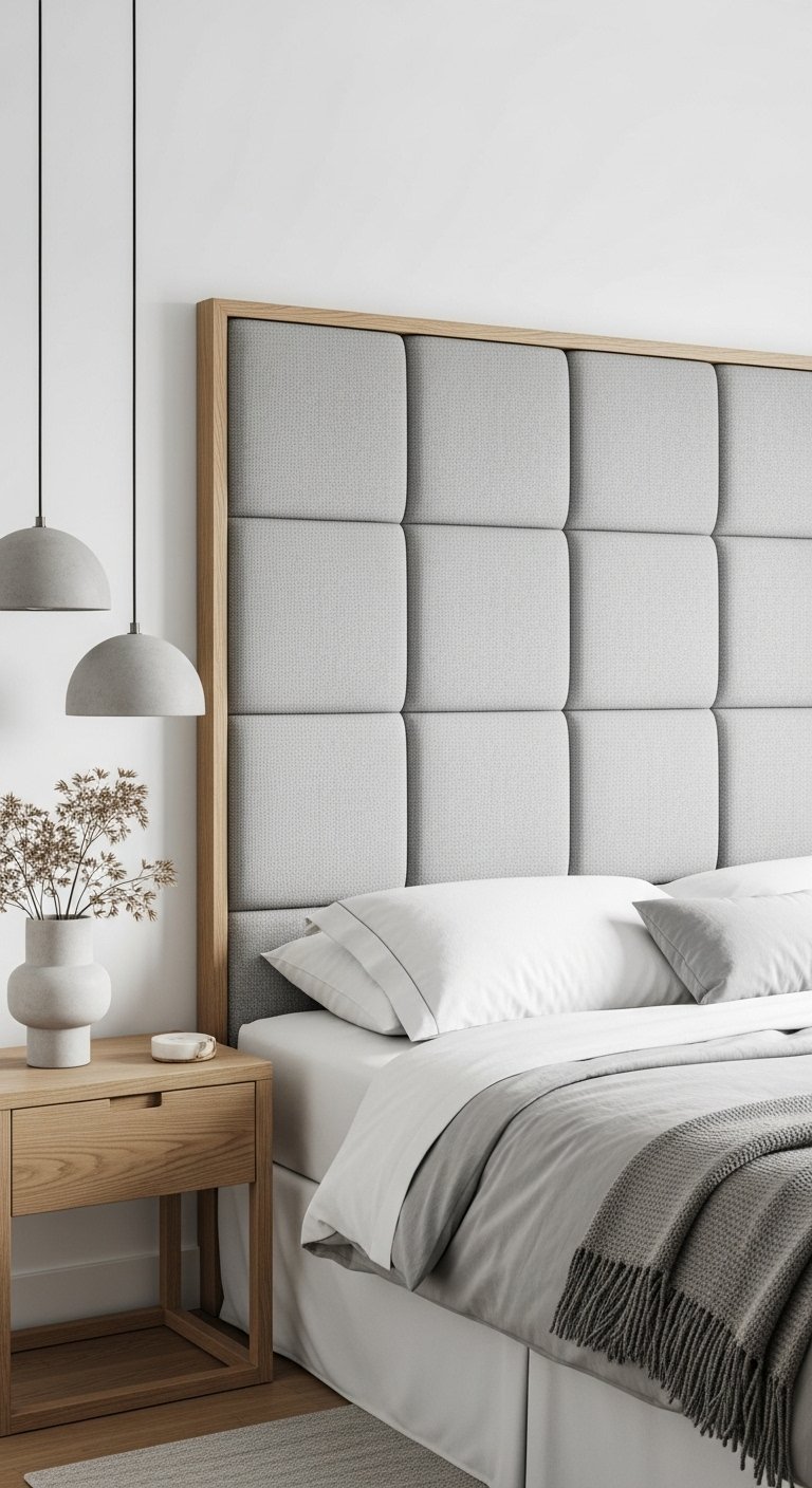 Tete de lit a carreaux rembourres en tissu gris avec un cadre en bois