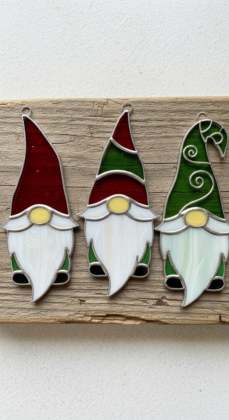 Trio de gnomes de Noël en vitrail avec des chapeaux de couleurs différentes