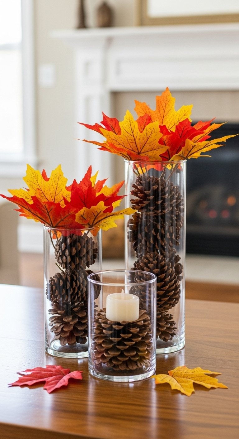 Vases cylindriques en verre remplis de pommes de pin et de feuilles d érable