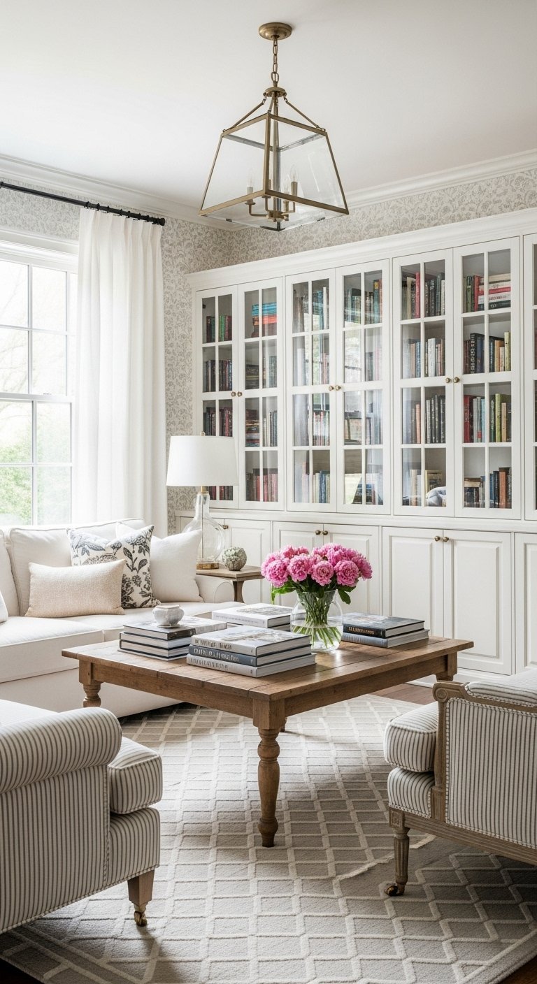 Bibliotheque blanche a portes vitrees dans un salon elegant
