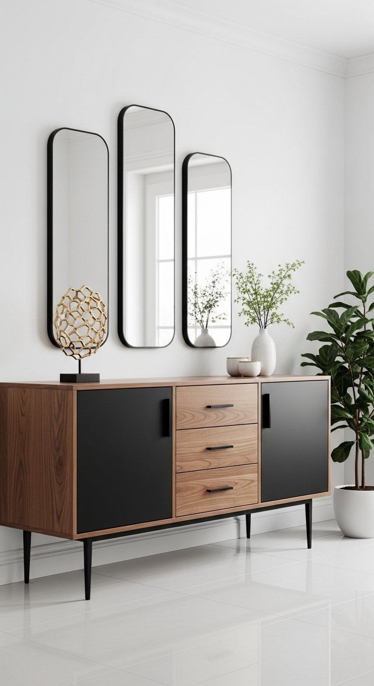Buffet de style mid century en bois et noir avec trois miroirs verticaux