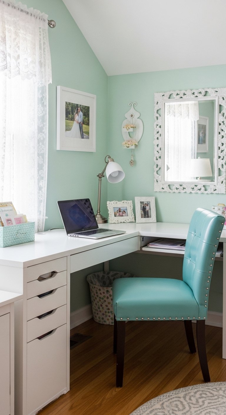 Bureau d angle blanc dans une pièce vert menthe avec une chaise bleue