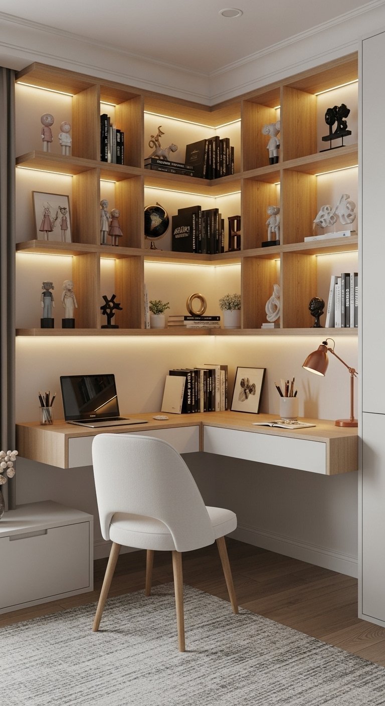 Bureau d angle intégré dans une bibliothèque en bois avec éclairage LED