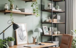 Bureau de style industriel avec chaise en cuir et mur vert