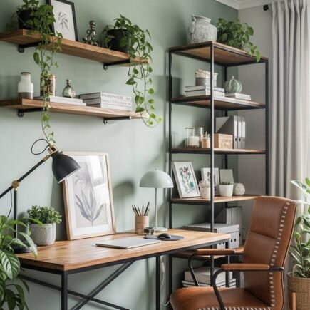 Bureau de style industriel avec chaise en cuir et mur vert