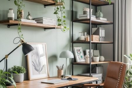 Bureau de style industriel avec chaise en cuir et mur vert