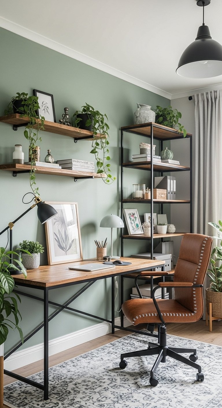 Bureau de style industriel avec chaise en cuir et mur vert
