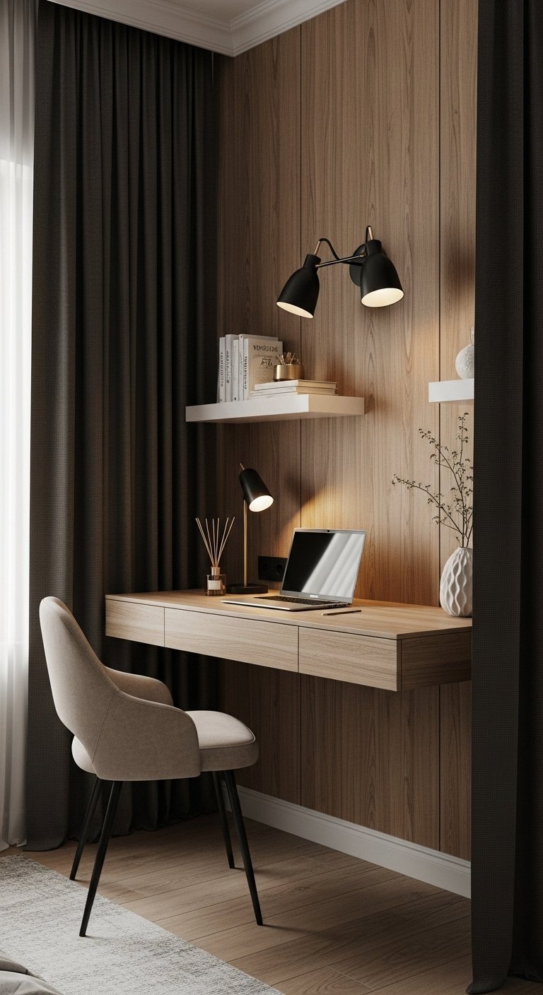 Bureau flottant installe contre un mur a panneaux de bois sombre