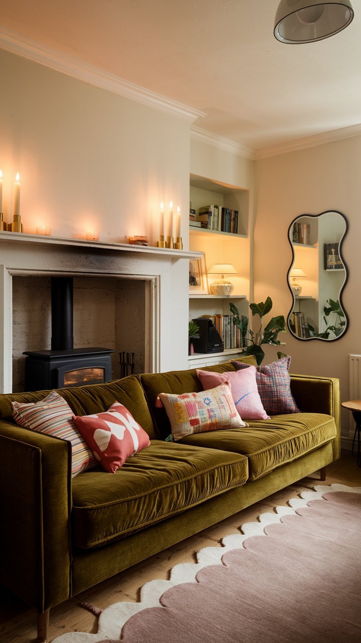 Canapé en velours vert avec poêle à bois moderne et miroir à forme organique