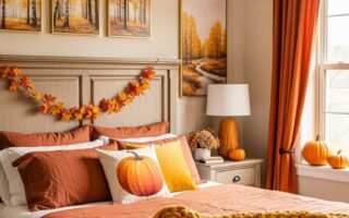 Chambre aux couleurs d automne avec un plaid jaune et des tableaux de foret