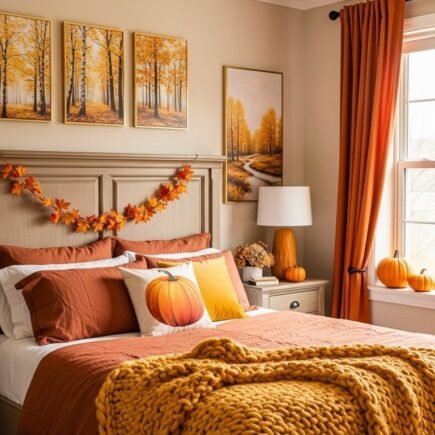 Chambre aux couleurs d automne avec un plaid jaune et des tableaux de foret