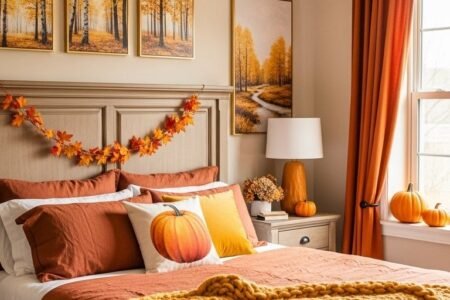 Chambre aux couleurs d automne avec un plaid jaune et des tableaux de foret