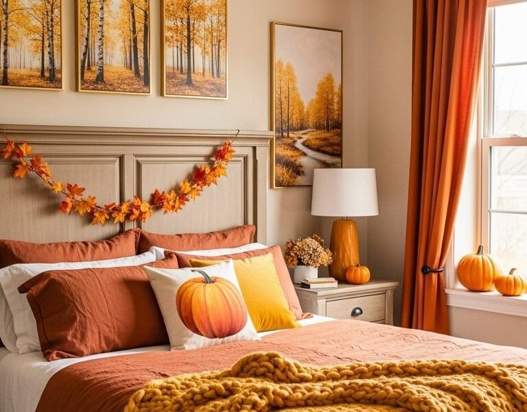 Chambre aux couleurs d automne avec un plaid jaune et des tableaux de foret