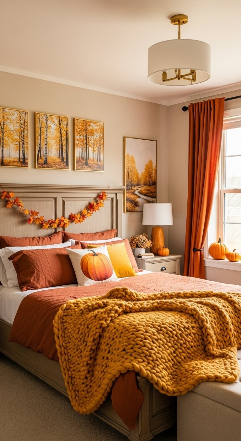 Chambre aux couleurs d automne avec un plaid jaune et des tableaux de foret