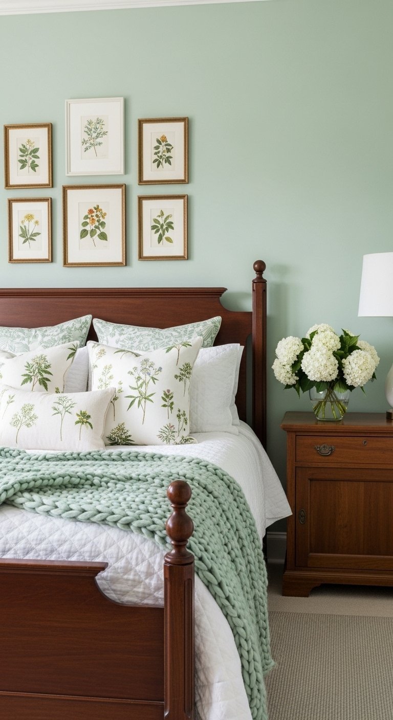 Chambre traditionnelle avec mur vert sauge et cadres botaniques