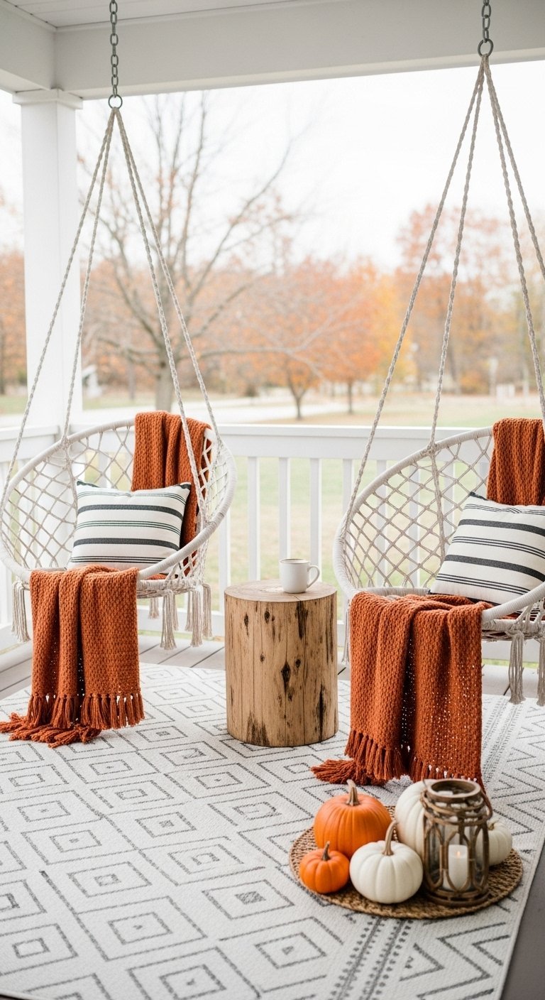 Coin exterieur boheme avec des chaises suspendues et des plaids orange