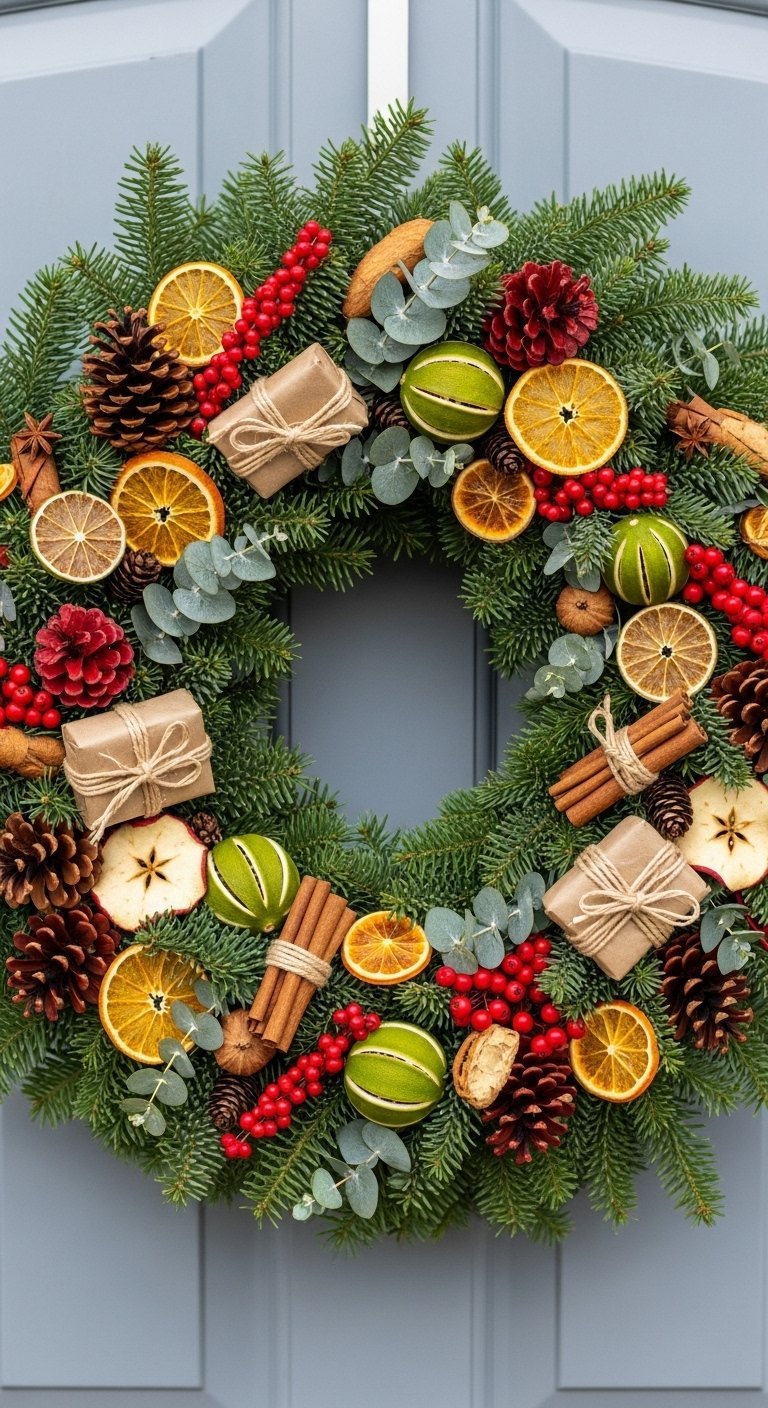 Couronne de porte de Noël décorée de fruits séchés et de cannelle