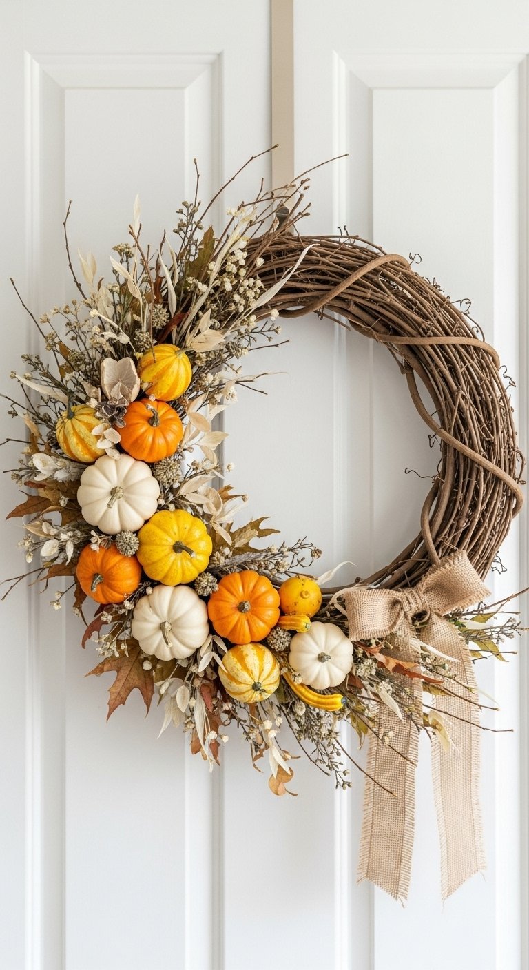 Couronne de porte en vigne avec des mini citrouilles et un ruban en toile de jute