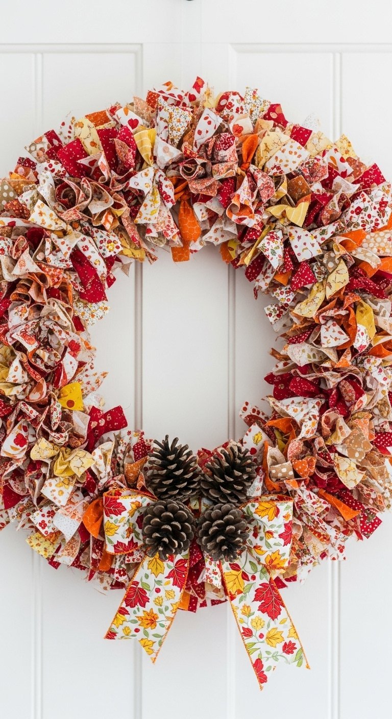 Couronne décorative fabriquée à partir de nombreuses bandes de tissu à motifs d automne
