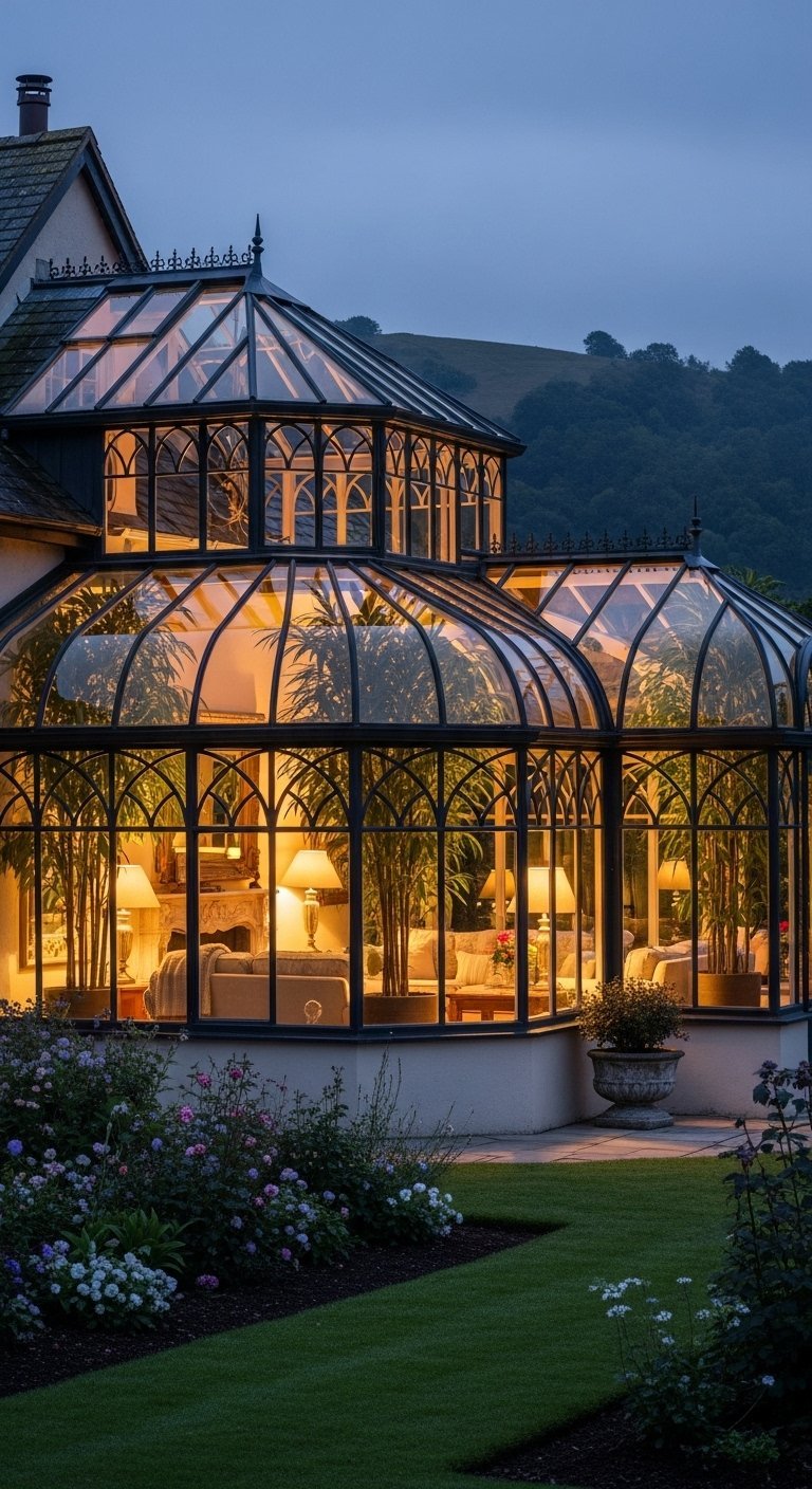 Grande orangerie de style victorien illuminée la nuit