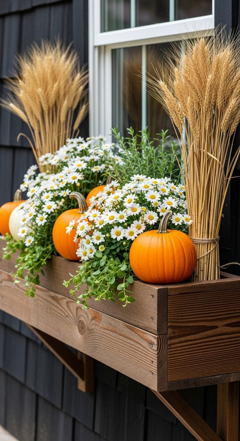 Jardinière en bois avec citrouilles marguerites et gerbes de blé