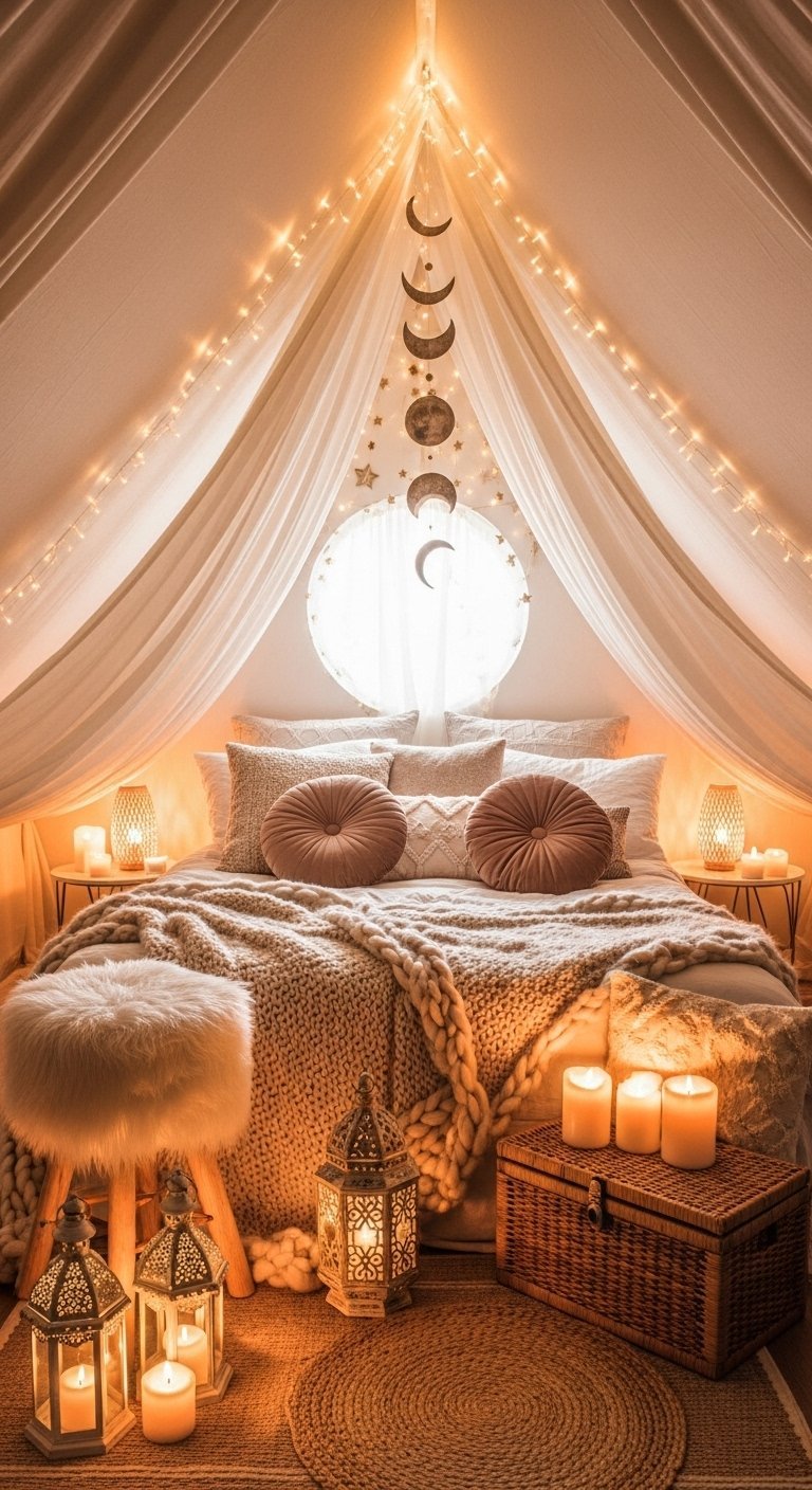 Lit sous un voile illuminé par des guirlandes et des lanternes